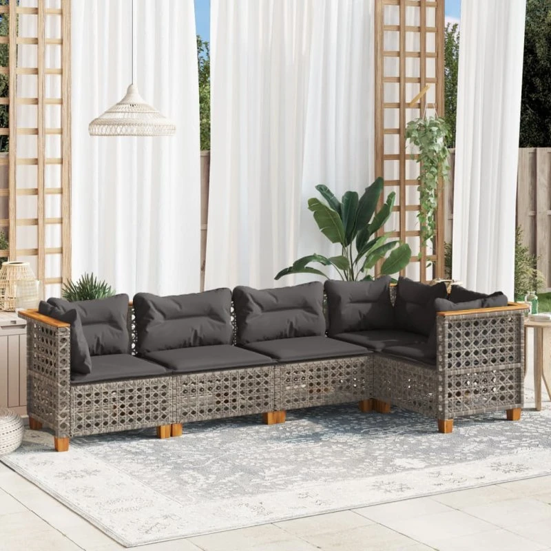 Sofasæt 5 dele i polyrattan med hynder – grå