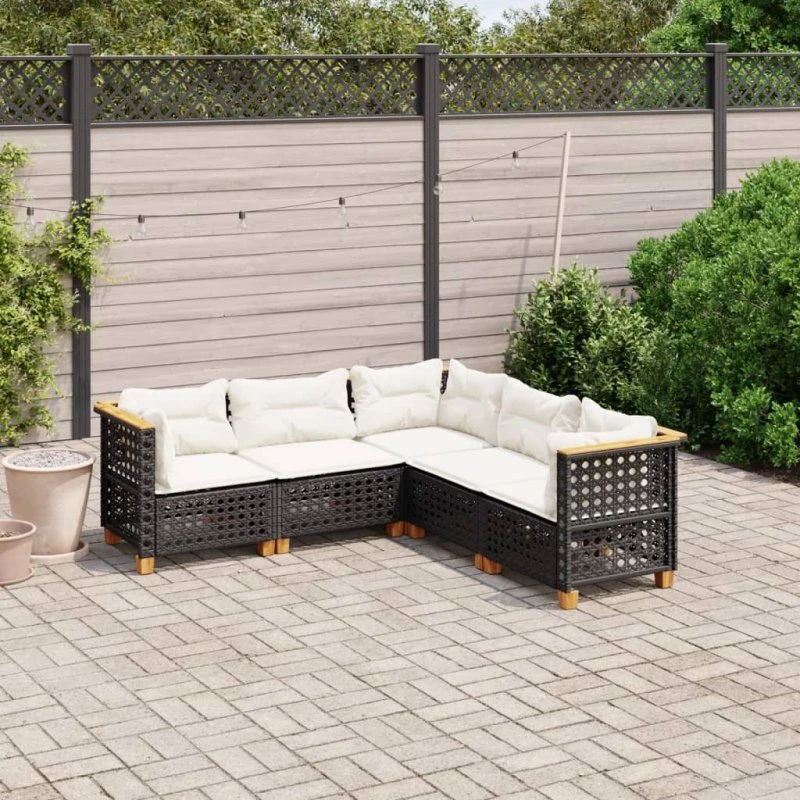 Havesofasæt 5 dele i sort polyrattan med hynder