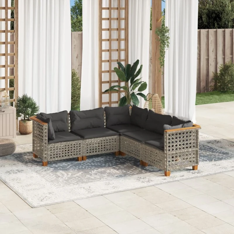 Havesofasæt 5 dele i grå polyrattan med hynder