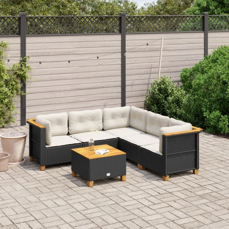 Sofasæt til haven 6 dele i sort polyrattan med hynder