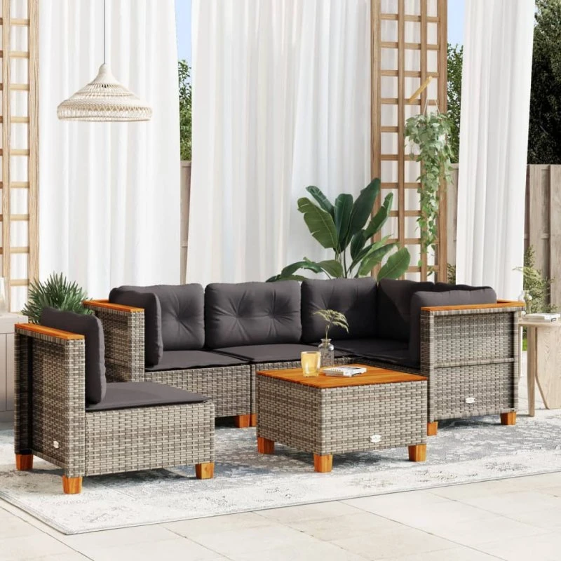 Havesofasæt 6 dele i grå polyrattan med hynder
