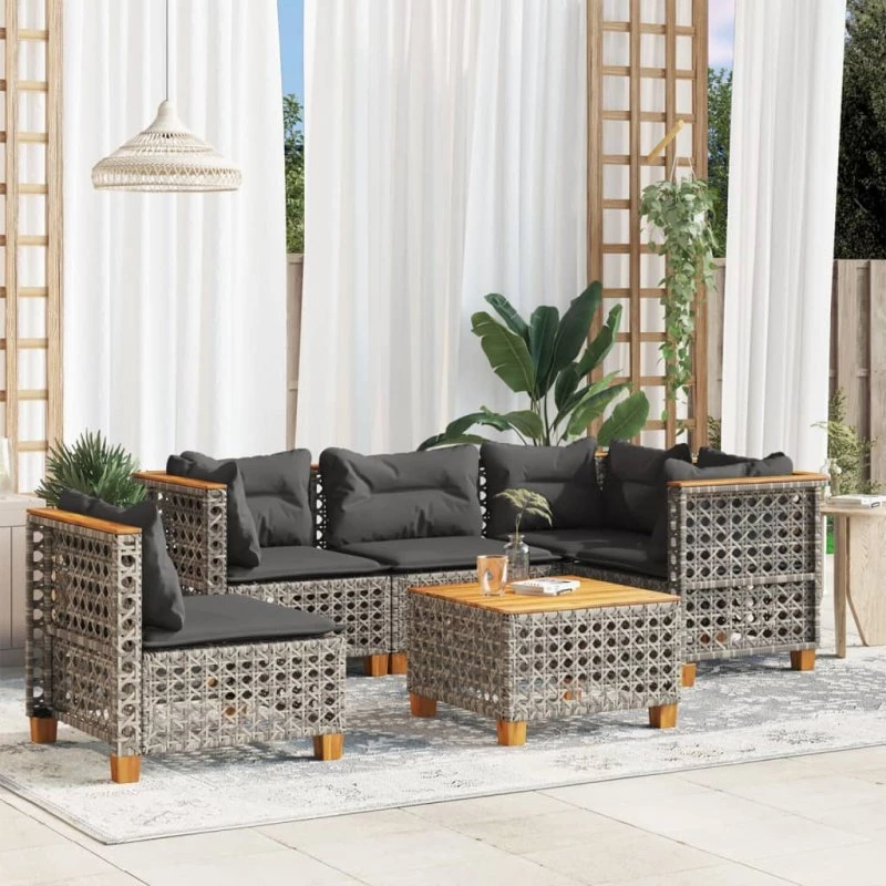 Havesofasæt 6 dele i grå polyrattan med hynder