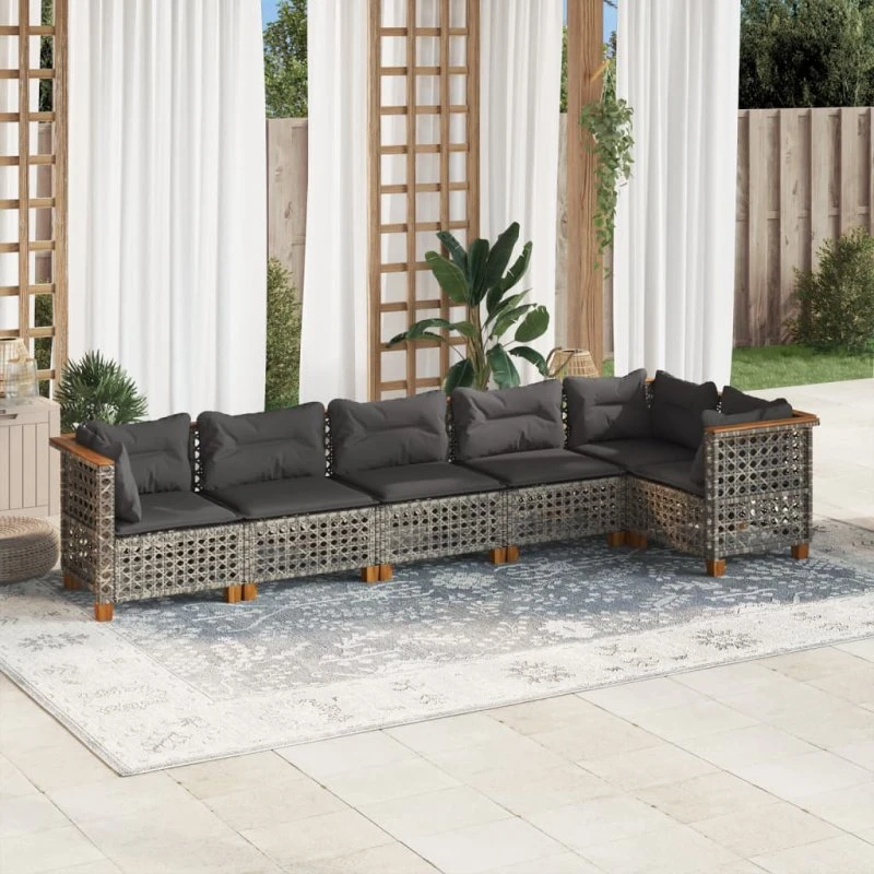 Havesofasæt 6 dele i grå polyrattan med hynder