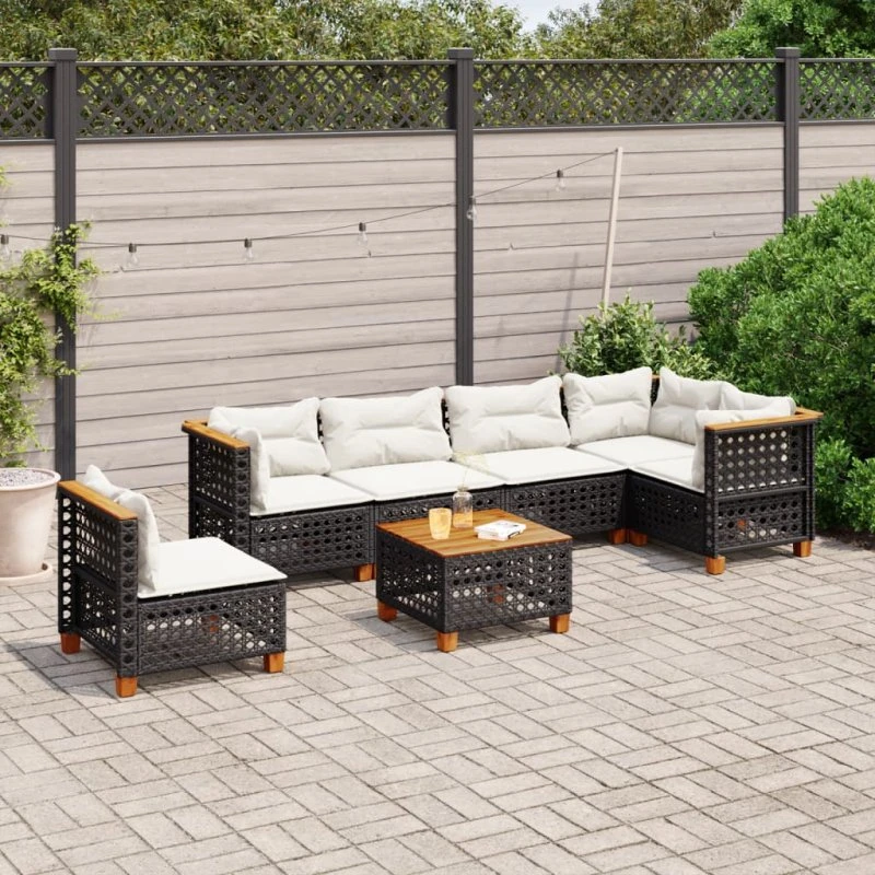 Havesofasæt 7 dele i sort polyrattan m. hynder