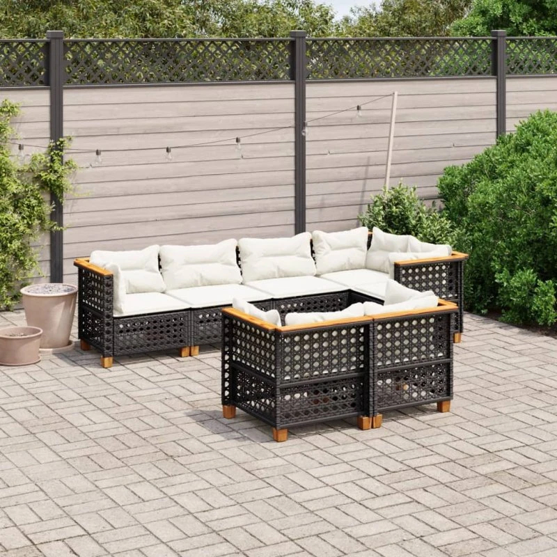 Havesofasæt 7 dele i sort polyrattan med hynder