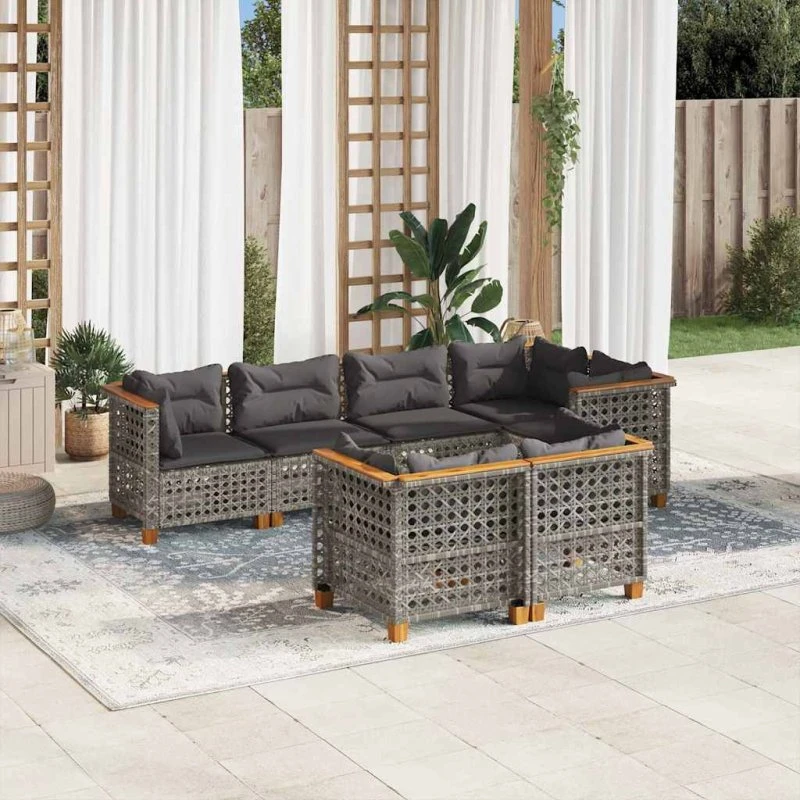 Havesofa sæt 7 dele i grå polyrattan med hynder