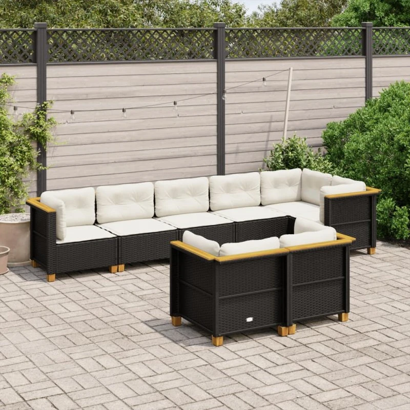 Havesofasæt 8 dele i sort polyrattan med hynder