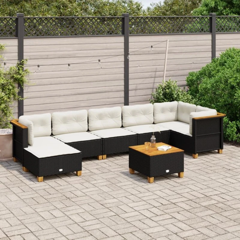 Havesofasæt 8 dele i sort polyrattan med hynder