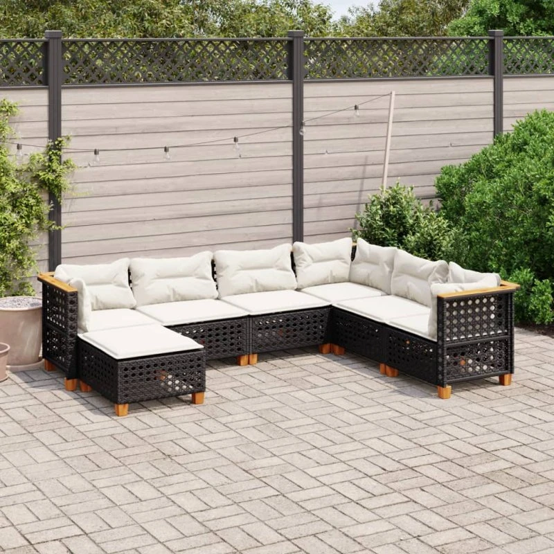 Havesofasæt 7 dele i sort polyrattan med hynder
