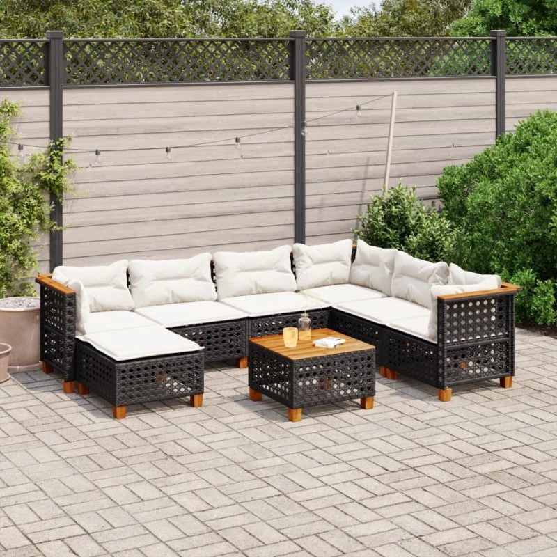 Havesofasæt 8 dele i sort polyrattan med hynder