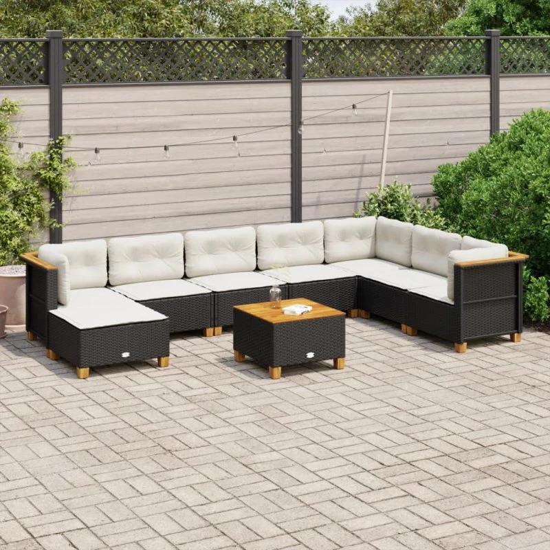 Sofasæt til haven 9 dele i sort polyrattan med hynder