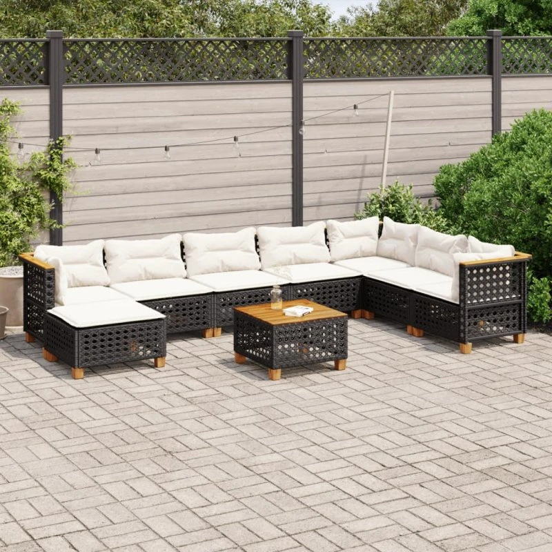 Havesofasæt 9 dele i sort polyrattan med hynder