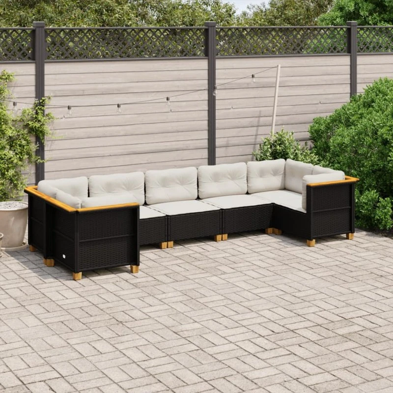 Havesofasæt 7 dele i sort polyrattan med hynder