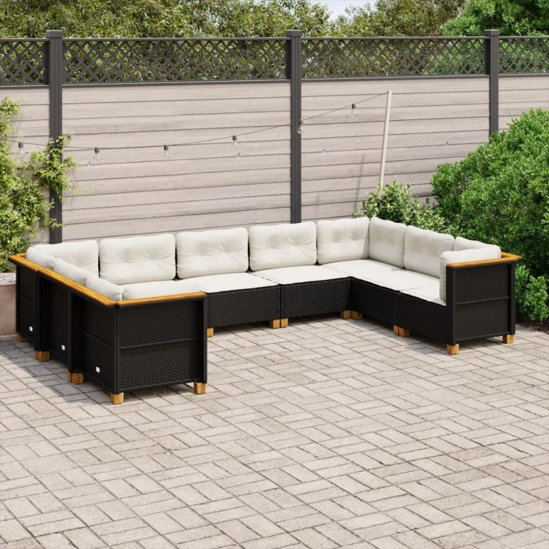 Havesofasæt 9 dele i sort polyrattan med hynder