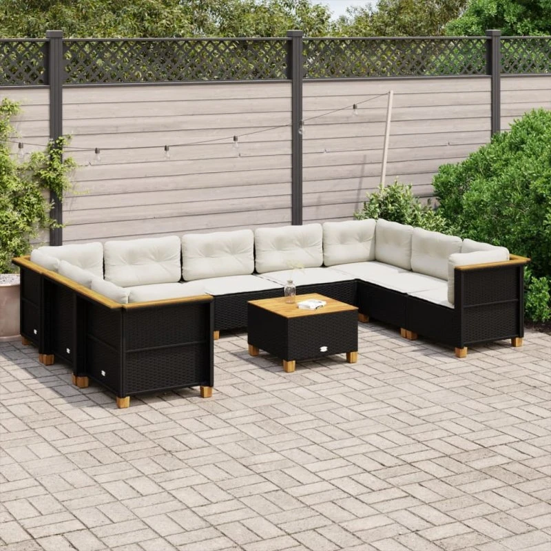 Havesofasæt 10 dele i sort polyrattan med hynder