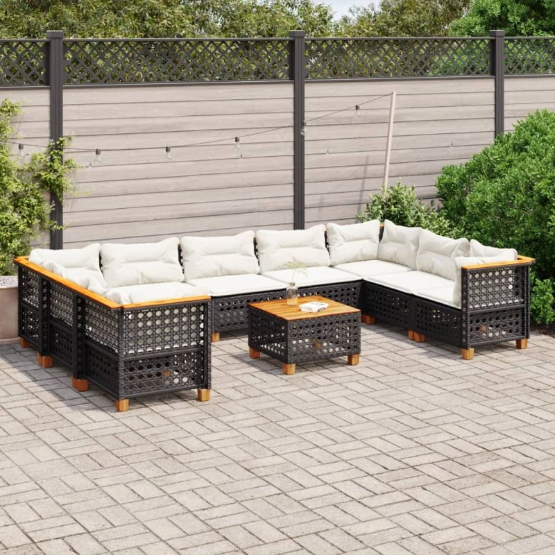 Sofasæt til haven 10 dele i sort polyrattan med hynder