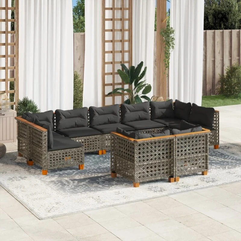 Havesofasæt 9 dele i grå polyrattan med hynder