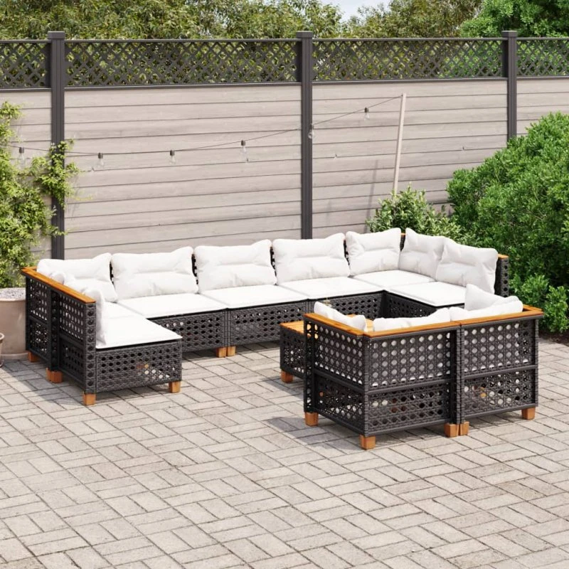 Sofasæt til haven 10 dele i sort polyrattan med hynder