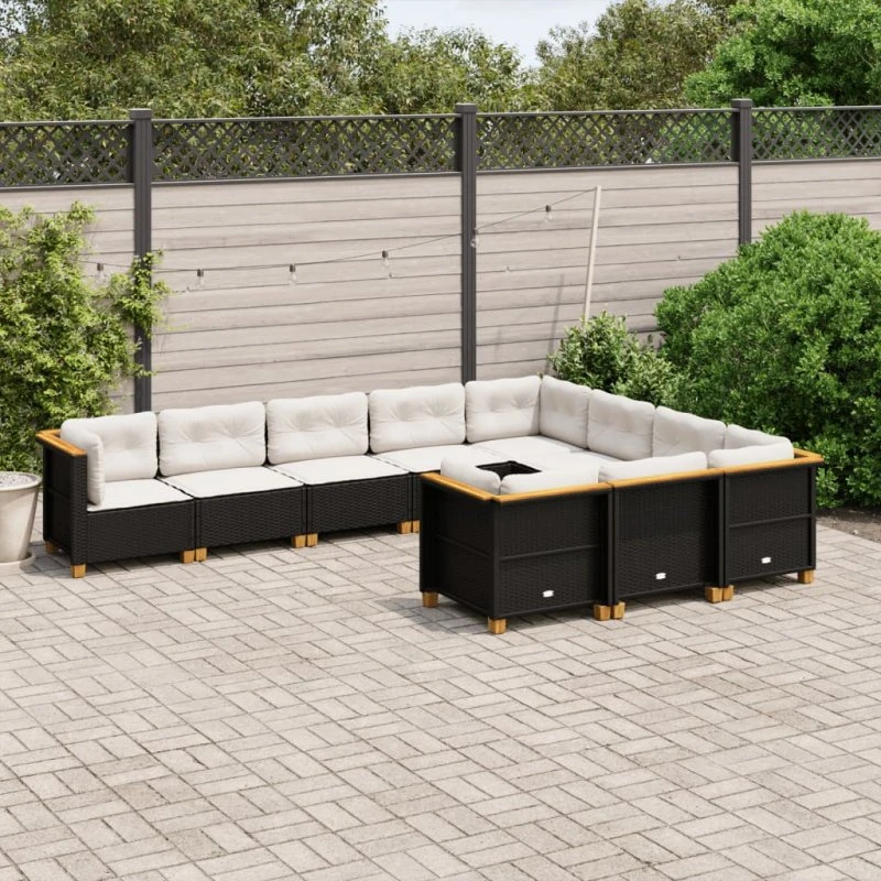 Havesofasæt 10 dele i sort polyrattan med hynder