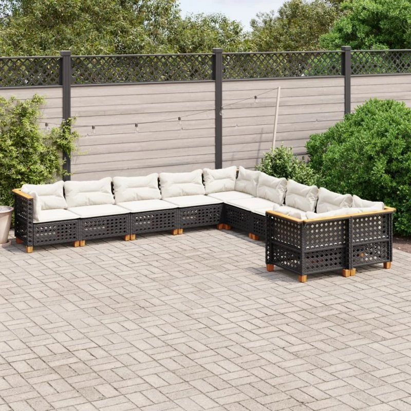 Havesofasæt 10 dele i sort polyrattan med hynder