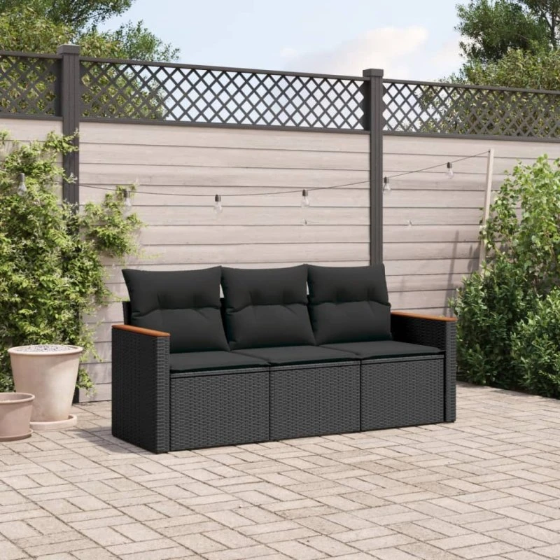 3-dele havesofasæt i sort polyrattan med hynder