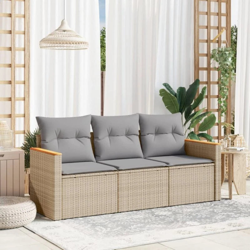 Sofasæt til haven 3 dele i polyrattan med hynder - beige