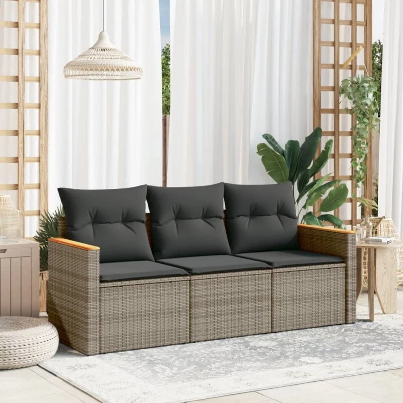 Havesofasæt 3 dele i grå polyrattan med hynder