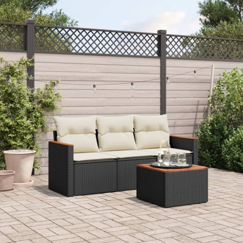 Havesofasæt 4 dele i sort polyrattan med hynder