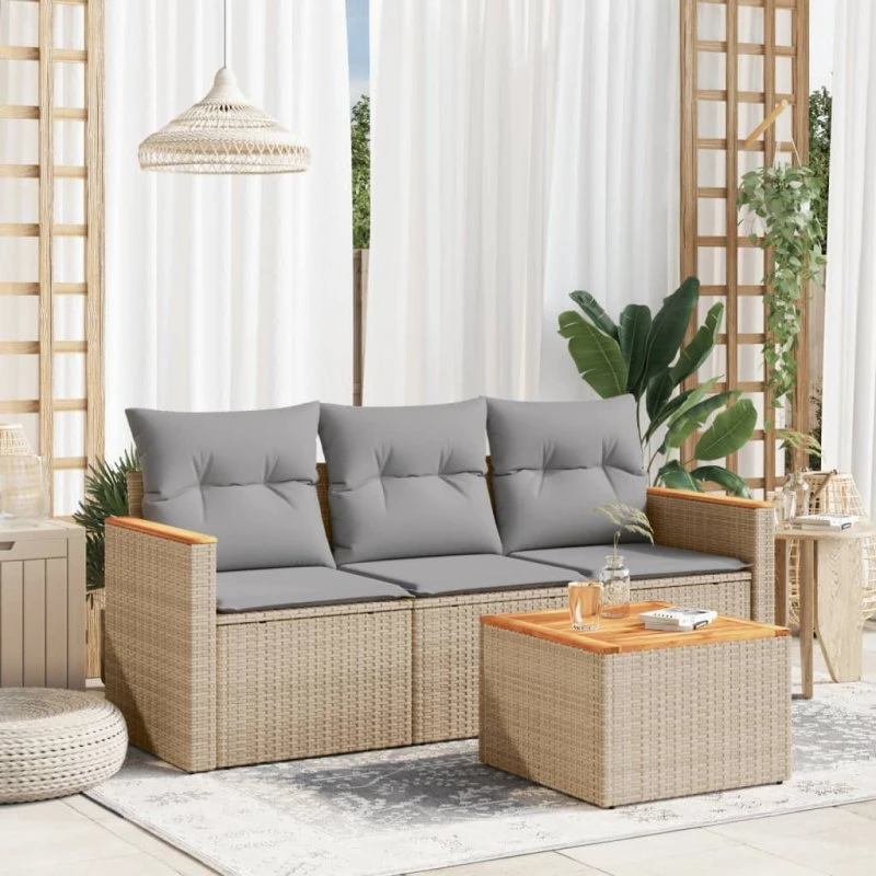 Havesofasæt 4 dele i polyrattan med hynder - beige