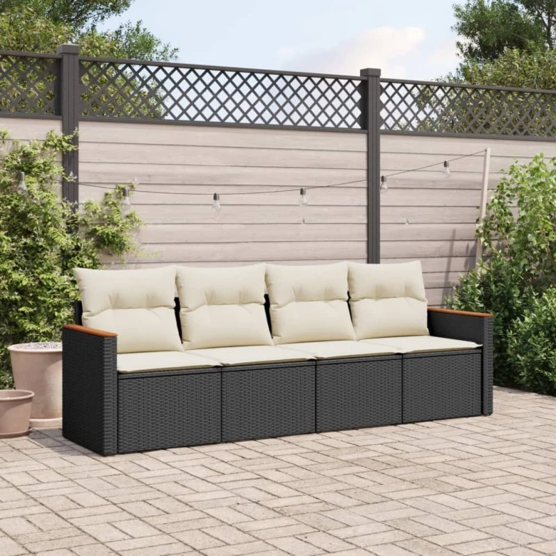 Havesofasæt 4 dele i sort polyrattan med hynder