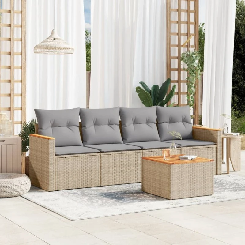 Havesofasæt 5 dele i beige polyrattan med hynder