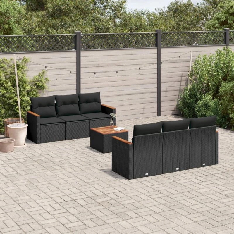 Havesofasæt 7 dele i sort polyrattan med hynder