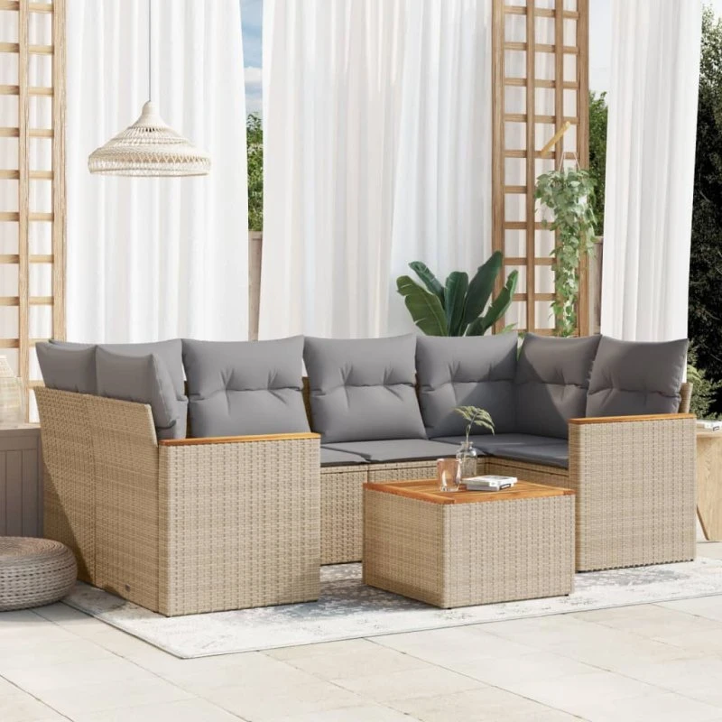 Havesofasæt 7 dele i polyrattan med hynder - Beige