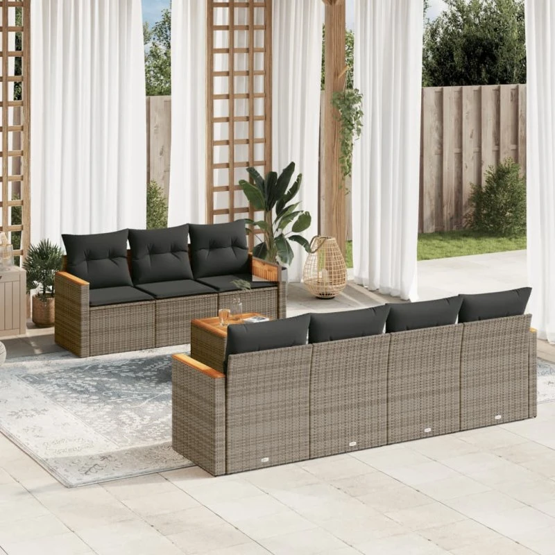 Sofasæt til haven 8 dele i grå polyrattan med hynder