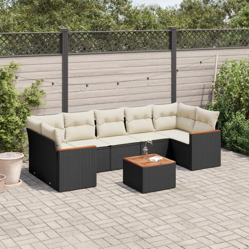 Havesofasæt 8 dele i sort polyrattan med hynder