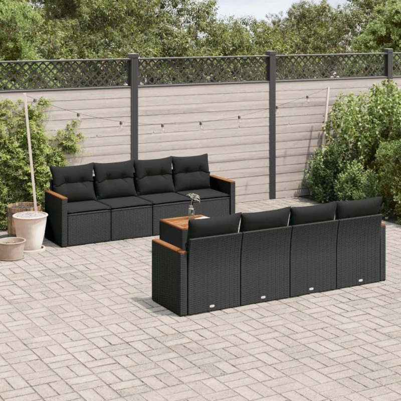 9-delers havestel i sort polyrattan med hynder