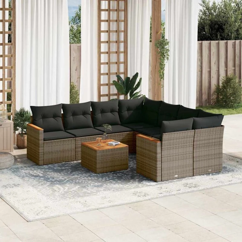 Havesofasæt 9 dele i grå polyrattan med hynder