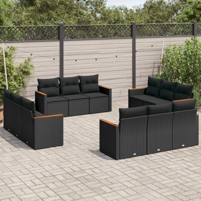 Havesofasæt 12 dele i sort polyrattan med hynder