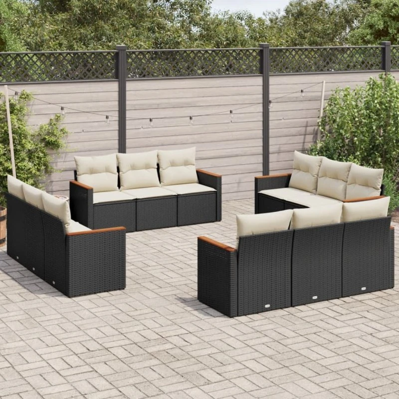 Havesofasæt 12 dele i polyrattan med hynder – sort