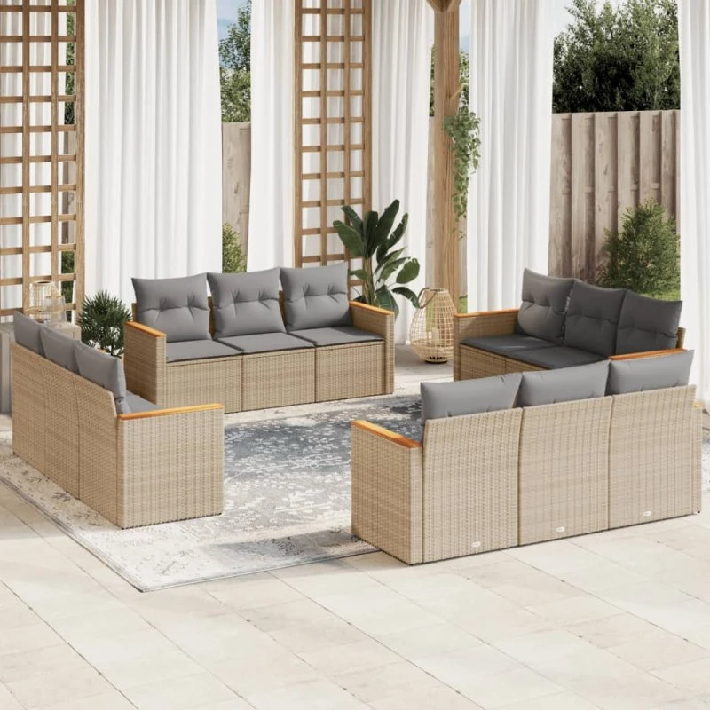 12-dele loungesæt i polyrattan med hynder – beige