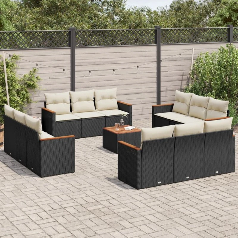 Havesofasæt 13 dele i polyrattan med hynder – sort