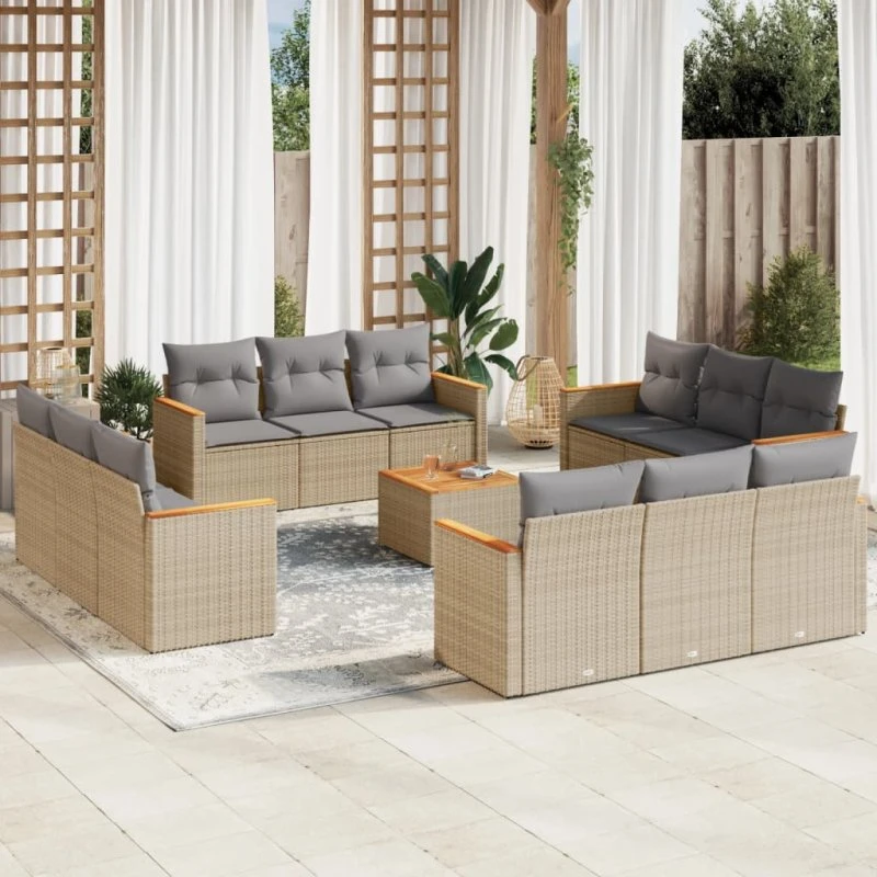 Havesofasæt 13 dele i polyrattan med hynder, beige