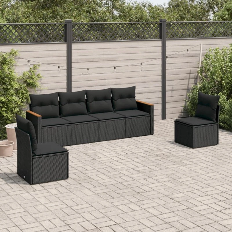 Havesofasæt 6 dele polyrattan med hynder sort