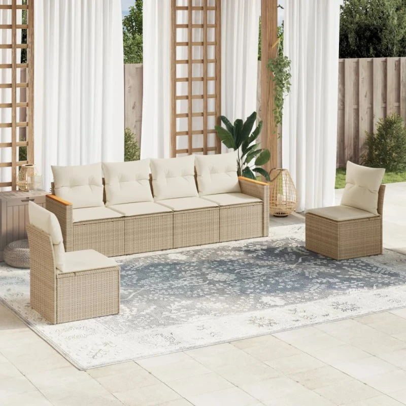 Havesofasæt 6 dele i polyrattan med hynder - beige