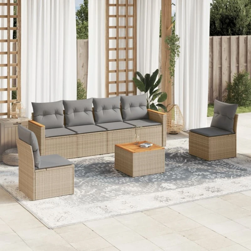 Havesofasæt 7 dele i polyrattan med hynder – beige