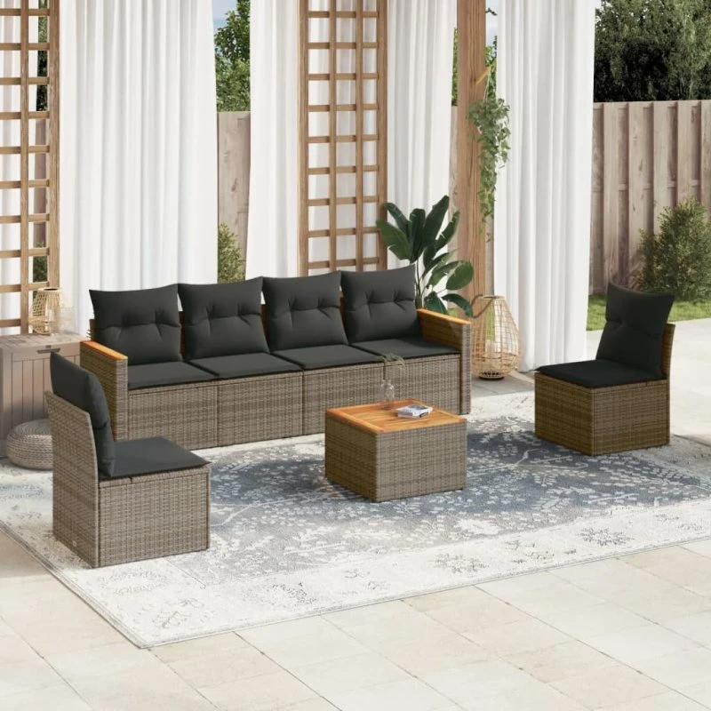 Havesofa sæt 7 dele grå polyrattan med hynder
