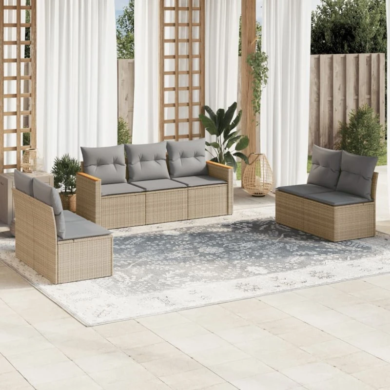 Havesofasæt 7 dele i polyrattan med hynder – beige
