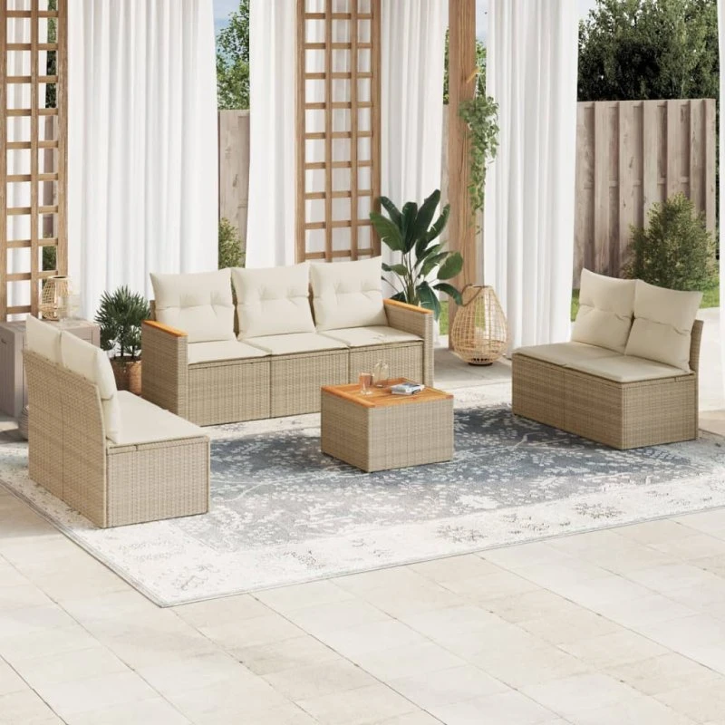 Havesofasæt 8 dele i polyrattan med hynder - beige