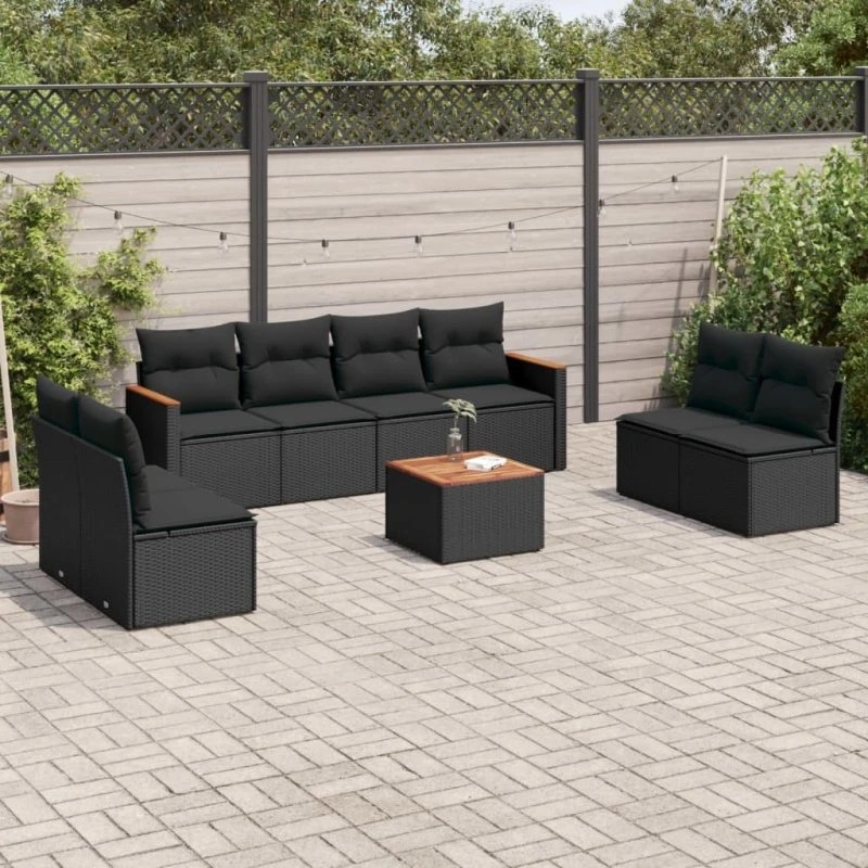 Havesofasæt 9 dele i sort polyrattan med hynder