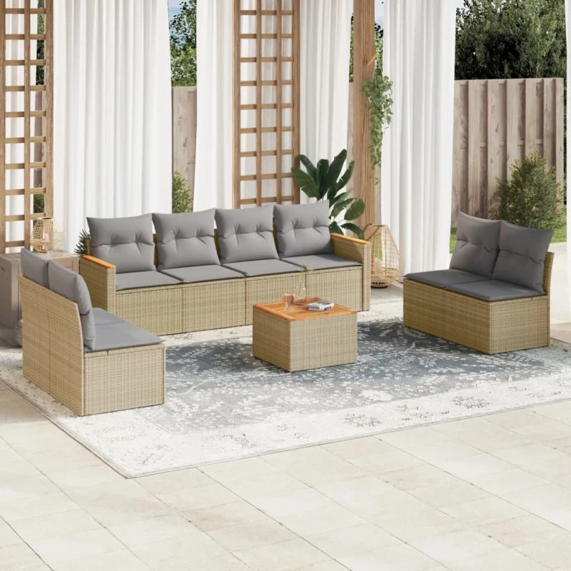Havesofasæt 9 dele i beige polyrattan med hynder